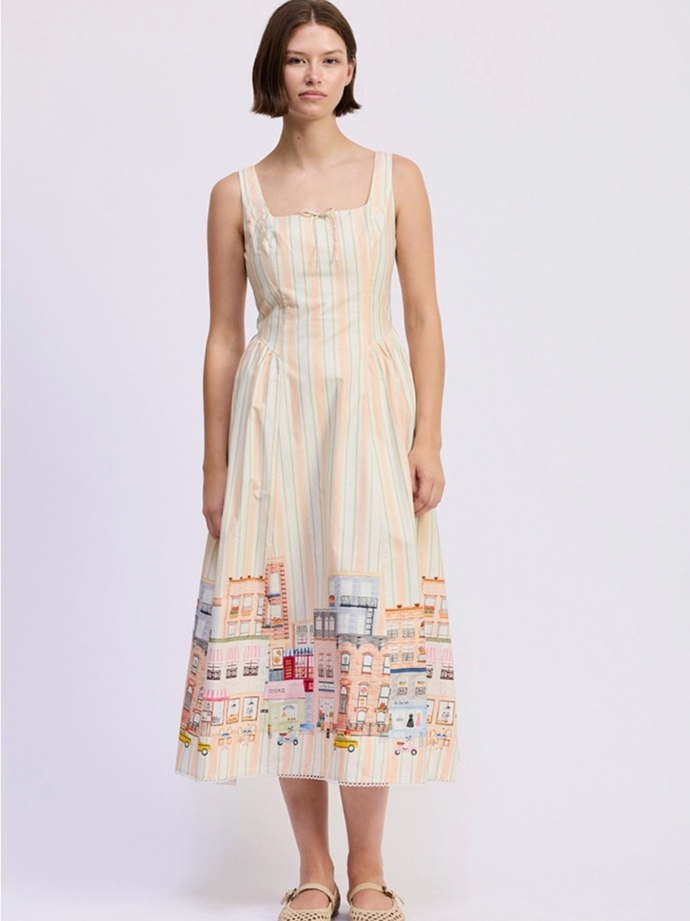 NWT En saison cream Striped Maxi Dress with City Border Print-